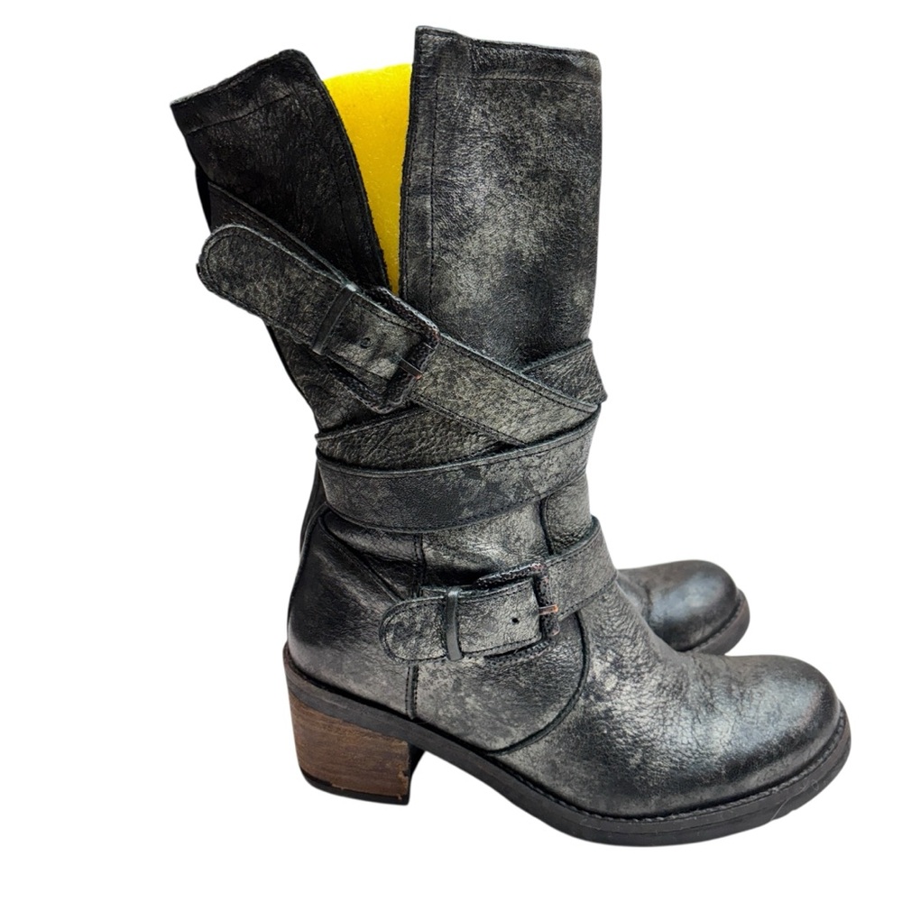 STEVE MADDEN Bulett Silver Distressed Strappy Moto Biker Boots size 8